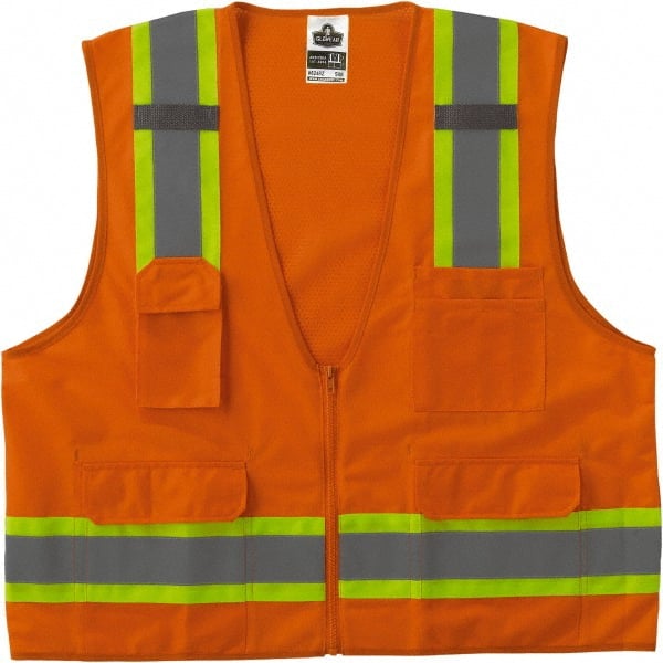 Ergodyne - Size 4X/5XL High Visibility Orange Mesh/Solid Surveyor's Vest - 58 to 64" Chest, ANSI/ISEA 107, Zipper Closure, 6 Pockets, Polyester - Exact Tooling