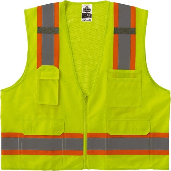 Ergodyne - Size 4X/5XL High Visibility Lime Mesh/Solid Surveyor's Vest - 58 to 64" Chest, ANSI/ISEA 107, Zipper Closure, 6 Pockets, Polyester - Exact Tooling