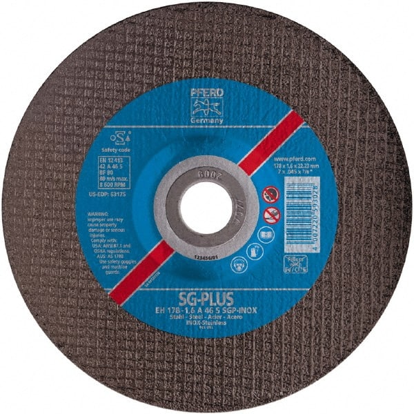 PFERD - 46 Grit, 4-1/2" Wheel Diam, 7/8" Arbor Hole, Type 27 Depressed Center Wheel - Aluminum Oxide - Exact Tooling