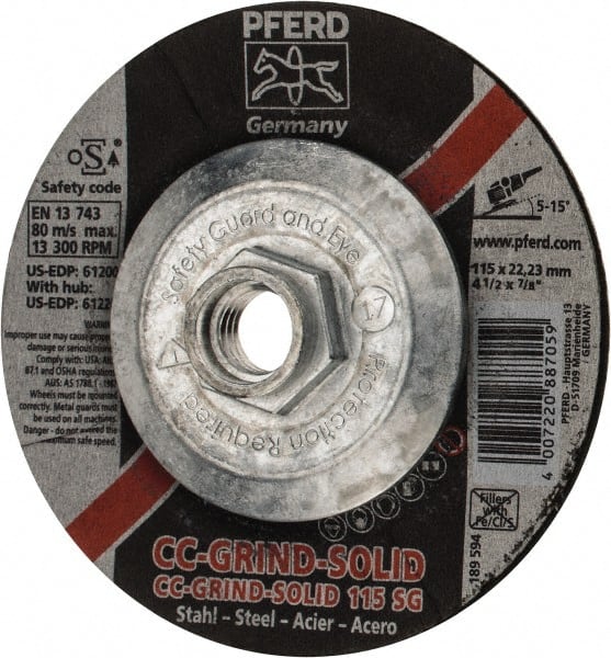 PFERD - 46 Grit, 4-1/2" Wheel Diam, Type 27 Depressed Center Wheel - Aluminum Oxide - Exact Tooling