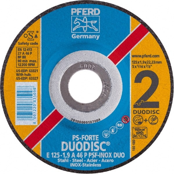 PFERD - 46 Grit, 5" Wheel Diam, 1/8" Wheel Thickness, Type 27 Depressed Center Wheel - Aluminum Oxide - Exact Tooling