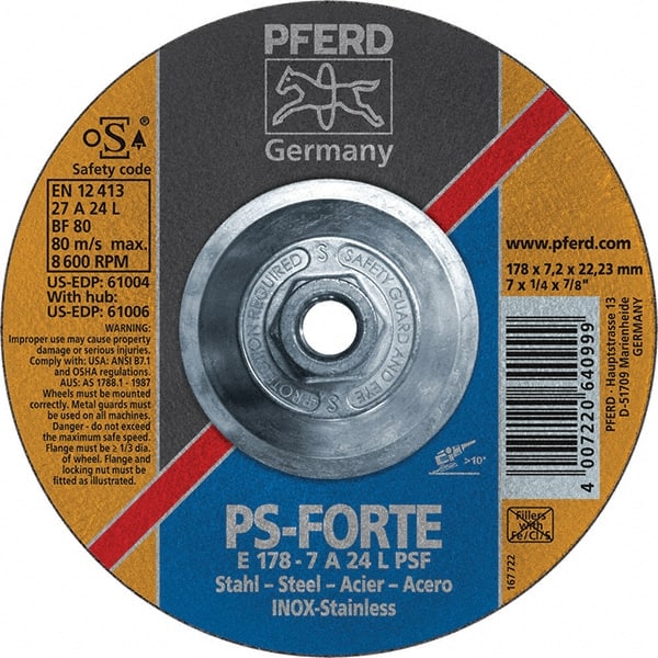 PFERD - 46 Grit, 7" Wheel Diam, 1/4" Wheel Thickness, Type 27 Depressed Center Wheel - Aluminum Oxide - Exact Tooling