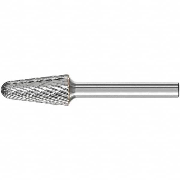 PFERD - 1/2" Cut Diam, 1/4" Shank Diam, Taper Head Double Cut Burr - Carbide, Radius End, 1-1/8" LOC, 3.16" OAL - Exact Tooling