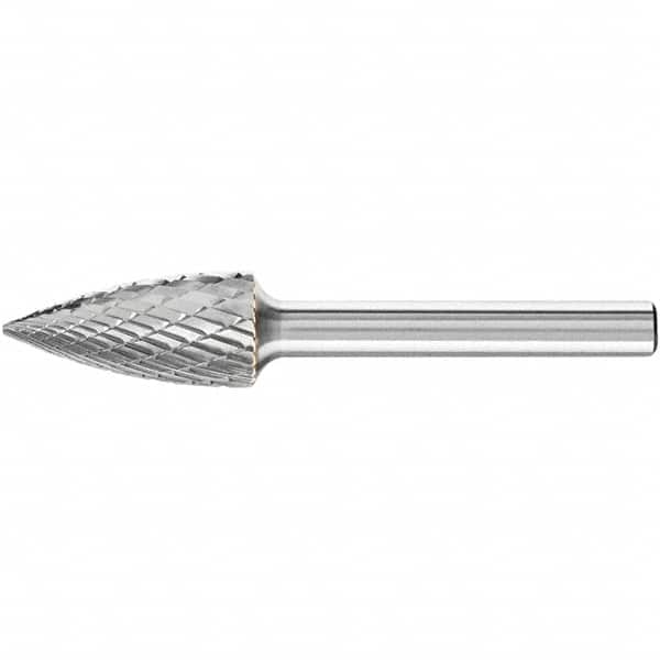 PFERD - 1/2" Cut Diam, 1/4" Shank Diam, Tree Head Double Cut Burr - Carbide, Point End, 1" LOC, 2-3/4" OAL - Exact Tooling