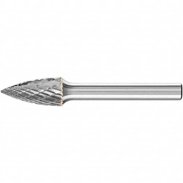 PFERD - 3/8" Cut Diam, 1/4" Shank Diam, Tree Head Double Cut Burr - Carbide, Point End, 1" LOC, 2-1/2" OAL - Exact Tooling