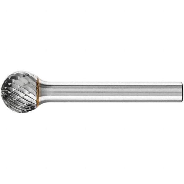 PFERD - 1/2" Cut Diam, 1/4" Shank Diam, Ball Head Double Cut Burr - Carbide, Radius End, 7/16" LOC, 2-3/16" OAL - Exact Tooling