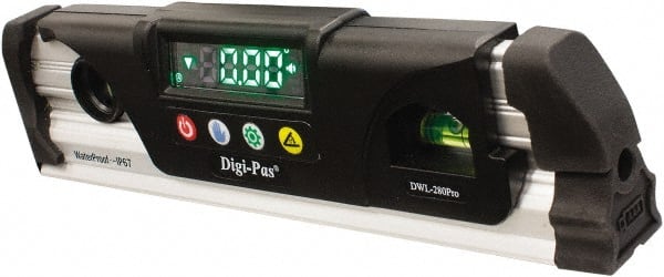 Digi-Pas - Magnetic 9-1/2" Long 2 Vial Torpedo Level - Aluminum, Black/Silver, 1 Plumb & 1 Level Vial - Exact Tooling