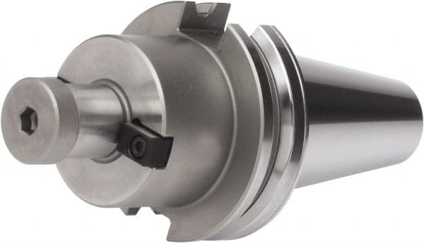 Accupro - CAT50 Dual Contact Taper Shank 1-1/2" Pilot Diam Shell Mill Holder - 6" Flange to Nose End Projection, 96.52mm Nose Diam, 3/4-16 Lock Screw, Through-Spindle & DIN Flange Coolant - Exact Tooling