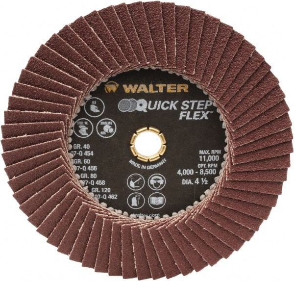 WALTER Surface Technologies - 80 Grit, 4-1/2" Disc Diam, Type 29 Aluminum Oxide Flap Disc - 11,000 Max RPM, Fiber Backing, Arbor Attaching System, Coated - Exact Tooling