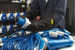 Ansell - Class 0, Size 10, 14" Long, Rubber Lineman's Glove - 5,000 AC Max Use Voltage, 1,000 AC Test Voltage, Black, ASTM D120 - Exact Tooling