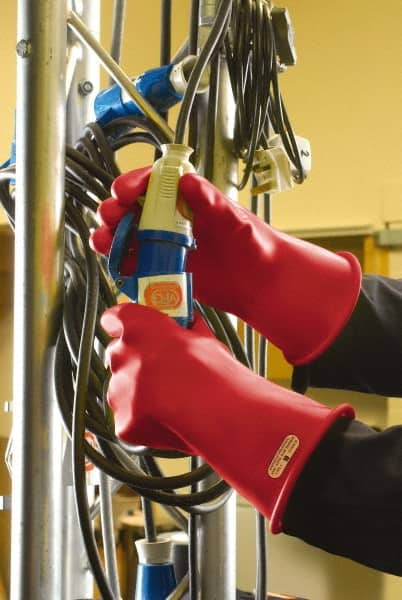 Ansell - Class 2, Size 11, 14" Long, Rubber Lineman's Glove - 20,000 AC Max Use Voltage, 17,000 AC Test Voltage, Red - Exact Tooling