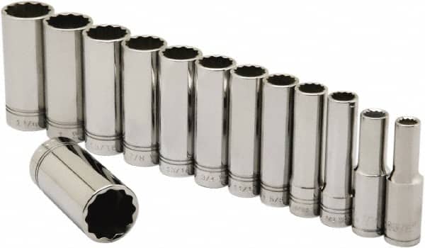Ability One - 1/2" Drive Deep Well Socket Set - 12 Points, 3/8" to 1-1/8" Range, Inch Measurement Standard - Exact Tooling