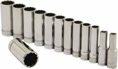 Ability One - 1/2" Drive Deep Well Socket Set - 12 Points, 3/8" to 1-1/8" Range, Inch Measurement Standard - Exact Tooling