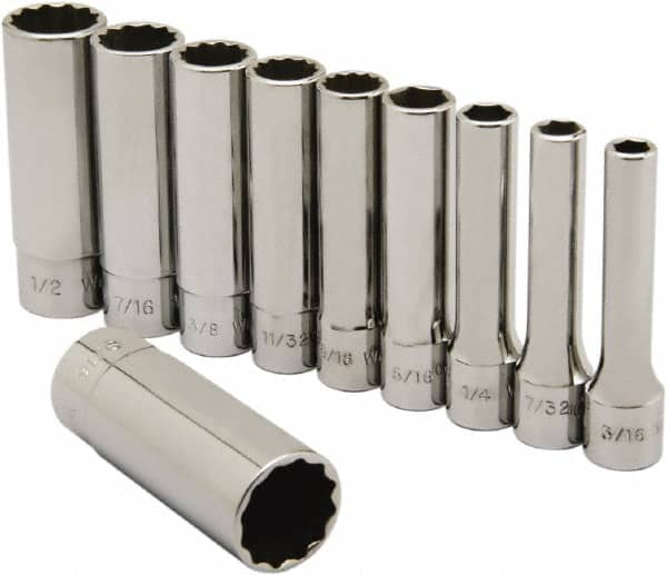 Ability One - 1/4" Drive Deep Well Socket Set - 6, 12 Points, 3/16" to 9/16" Range, Inch Measurement Standard - Exact Tooling