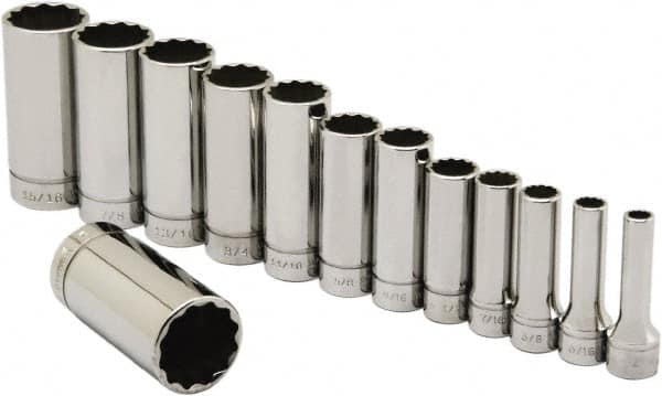 Ability One - 3/8" Drive Deep Well Socket Set - 12 Points, 1/4" to 1" Range, Inch Measurement Standard - Exact Tooling