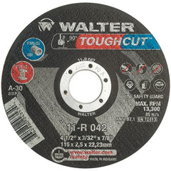 WALTER Surface Technologies - 4-1/2" 30 Grit Aluminum Oxide Cutoff Wheel - 3/32" Thick, 7/8" Arbor, 13,300 Max RPM, Use with Angle Grinders - Exact Tooling