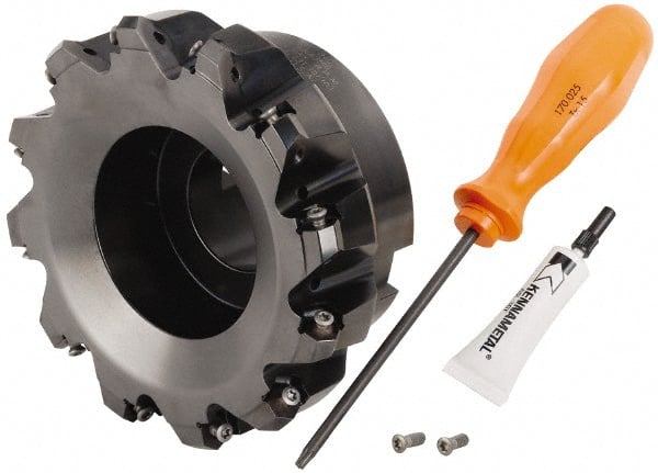 Kennametal - 5" Cut Diam, 1-1/2" Arbor Hole, 4.45mm Max Depth of Cut, 30° Indexable Chamfer & Angle Face Mill - 12 Inserts, HNGJ 0604... Insert, Right Hand Cut, 12 Flutes, Through Coolant, Series Dodeka Mini HD - Exact Tooling