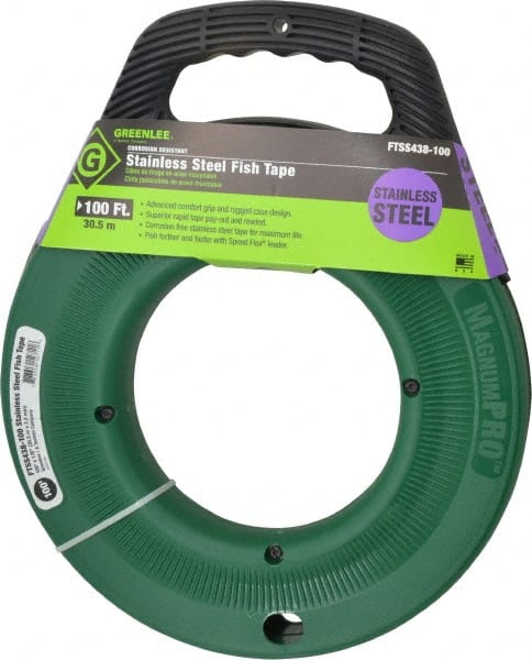Greenlee - 100 Ft. Long x 1/8 Inch Wide, 0.045 Inch Thick, Stainless Steel Fish Tape - 400 Lb. Pulling Strength, Includes Case - Exact Tooling