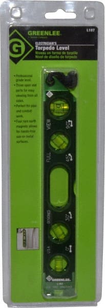 Greenlee - Magnetic 8-1/2" Long 4 Vial Torpedo Level - Aluminum, Green, 1 0°, 1 30°, 1 45° & 1 90° Vials - Exact Tooling