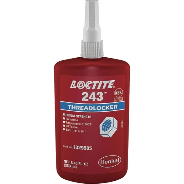 Loctite - 250 mL Bottle, Blue, Medium Strength Liquid Threadlocker - Series 243, 24 hr Full Cure Time, Hand Tool, Heat Removal - Exact Tooling