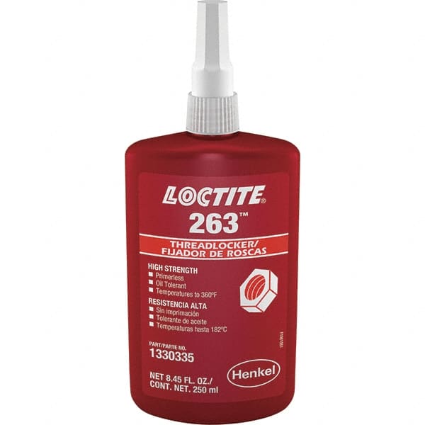 Loctite - 250 mL Bottle, Red, High Strength Liquid Threadlocker - Series 263, 24 hr Full Cure Time, Hand Tool, Heat Removal - Exact Tooling