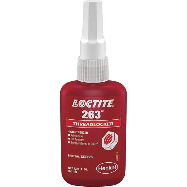 Loctite - 50 mL Bottle, Red, High Strength Liquid Threadlocker - Series 263, 24 hr Full Cure Time, Hand Tool, Heat Removal - Exact Tooling