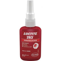 Loctite - 50 mL Bottle, Red, High Strength Liquid Threadlocker - Series 263, 24 hr Full Cure Time, Hand Tool, Heat Removal - Exact Tooling