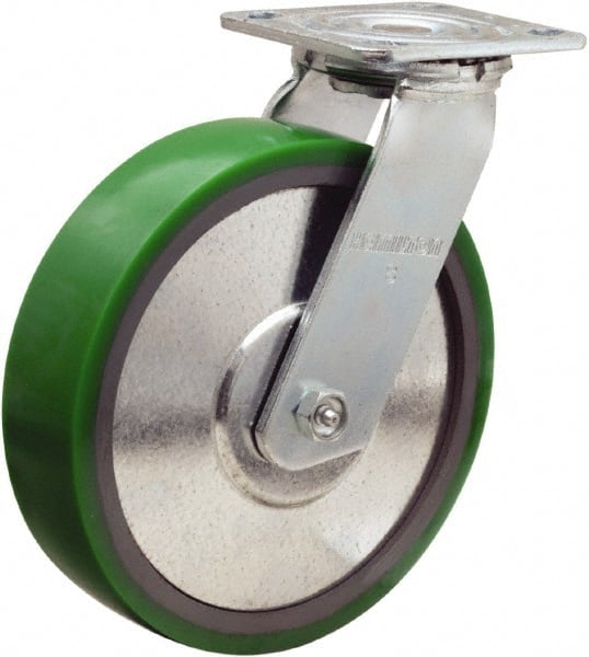Hamilton - 8" Diam x 2" Wide x 9-1/2" OAH Top Plate Mount Swivel Caster - Polyurethane Mold onto Cast Iron Center, 900 Lb Capacity, Sealed Precision Ball Bearing, 4 x 4-1/2" Plate - Exact Tooling