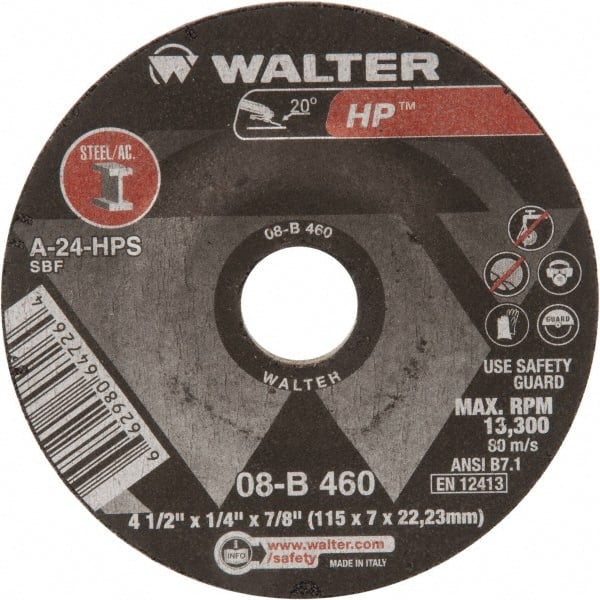WALTER Surface Technologies - 24 Grit, 4-1/2" Wheel Diam, 1/4" Wheel Thickness, 7/8" Arbor Hole, Type 27 Depressed Center Wheel - Aluminum Oxide, 13,300 Max RPM - Exact Tooling