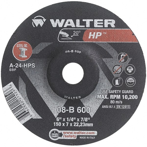 WALTER Surface Technologies - 24 Grit, 6" Wheel Diam, 1/4" Wheel Thickness, 7/8" Arbor Hole, Type 27 Depressed Center Wheel - Aluminum Oxide, Resinoid Bond, 10,200 Max RPM - Exact Tooling