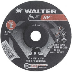 WALTER Surface Technologies - 24 Grit, 6" Wheel Diam, 1/4" Wheel Thickness, 7/8" Arbor Hole, Type 27 Depressed Center Wheel - Aluminum Oxide, Resinoid Bond, 10,200 Max RPM - Exact Tooling