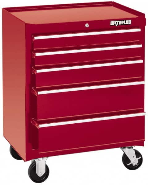 Waterloo - 5 Drawer 1,100 Lb Capacity Steel Tool Roller Cabinet - 26-1/2" Wide x 34-1/2" High x 18" Deep, Ball Bearing Drawer Slides, Red - Exact Tooling