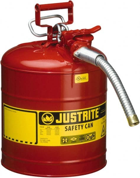 Justrite - 5 Gal Galvanized Steel Type II Safety Can - 17-1/2" High x 11-3/4" Diam, Red with Yellow - Exact Tooling