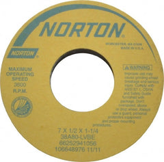 Norton - 7" Diam x 1-1/4" Hole x 1/2" Thick, L Hardness, 80 Grit Surface Grinding Wheel - Aluminum Oxide, Type 1, Medium Grade, 3,600 Max RPM, Vitrified Bond, No Recess - Exact Tooling