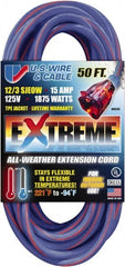 Value Collection - 50', 12/3 Gauge/Conductors, Blue/Pink Indoor & Outdoor Extension Cord - 1 Receptacle, 15 Amps, 125 Volts, UL SJEOW, NEMA 5-15P - Exact Tooling