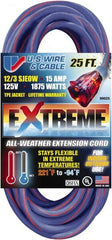 Value Collection - 25', 12/3 Gauge/Conductors, Blue/Pink Indoor & Outdoor Extension Cord - 1 Receptacle, 15 Amps, 125 Volts, UL SJEOW, NEMA 5-15P - Exact Tooling