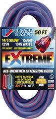 Value Collection - 50', 14/3 Gauge/Conductors, Blue/Pink Indoor & Outdoor Extension Cord - 1 Receptacle, 15 Amps, 125 Volts, UL SJEOW, NEMA 5-15P - Exact Tooling