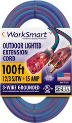 Value Collection - 100', 12/3 Gauge/Conductors, Blue/Red Outdoor Extension Cord - 1 Receptacle, 15 Amps, UL SJTW, NEMA 5-15P - Exact Tooling