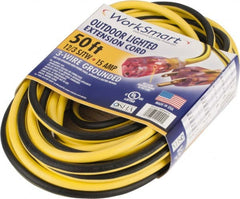 Value Collection - 50', 12/3 Gauge/Conductors, Yellow/Black Outdoor Extension Cord - 1 Receptacle, 15 Amps, UL SJTW, NEMA 5-15P - Exact Tooling