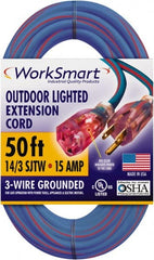 Value Collection - 50', 14/3 Gauge/Conductors, Blue/Red Outdoor Extension Cord - 1 Receptacle, 15 Amps, UL SJTW, NEMA 5-15P - Exact Tooling