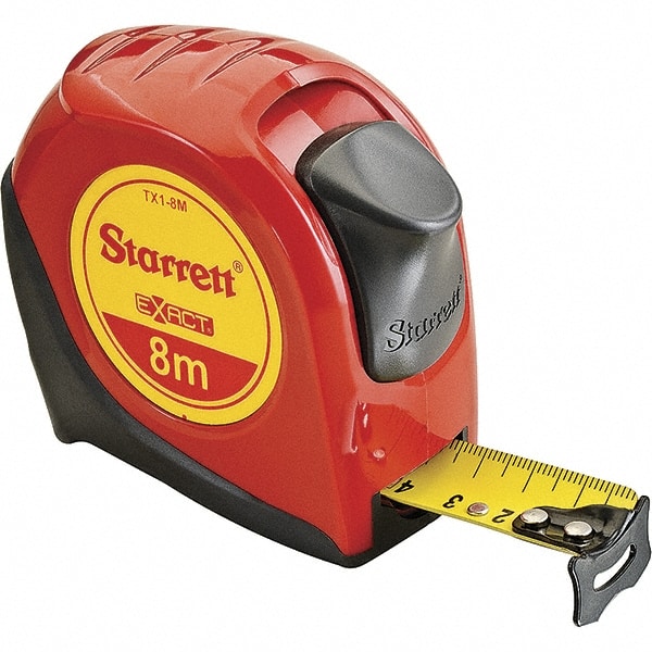 Starrett - 26' x 1" Yellow Blade Tape Measure - 1mm Graduation, S6 Graduation Style, Red Case - Exact Tooling