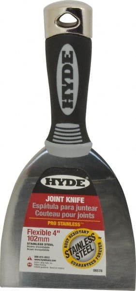 Hyde Tools - 4" Wide Stainless Steel Putty Knife - Flexible, Cushioned Grip / Hammerhead Polypropylene Handle, 8" OAL - Exact Tooling