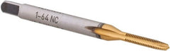 Made in USA - #1-64 UNC, 2 Flute, TiN Finish, High Speed Steel Spiral Point Tap - Plug Chamfer, Right Hand Thread, 1-11/16" OAL, 3/8" Thread Length, 3.58mm Shank Diam, 2B Class of Fit, Series TN3112 - Exact Tooling