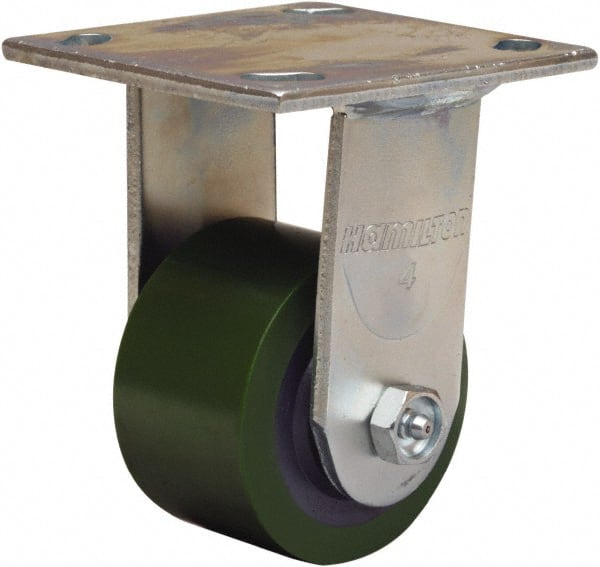 Hamilton - 3-1/4" Diam x 2" Wide x 5-1/4" OAH Top Plate Mount Rigid Caster - Polyurethane Mold onto Cast Iron Center, 575 Lb Capacity, Straight Roller Bearing, 4 x 4-1/2" Plate - Exact Tooling