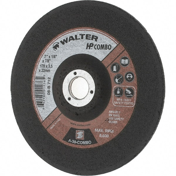 Value Collection - 30 Grit, 7" Wheel Diam, 1/8" Wheel Thickness, 7/8" Arbor Hole, Type 27 Depressed Center Wheel - Aluminum Oxide, Resinoid Bond, 8,600 Max RPM - Exact Tooling