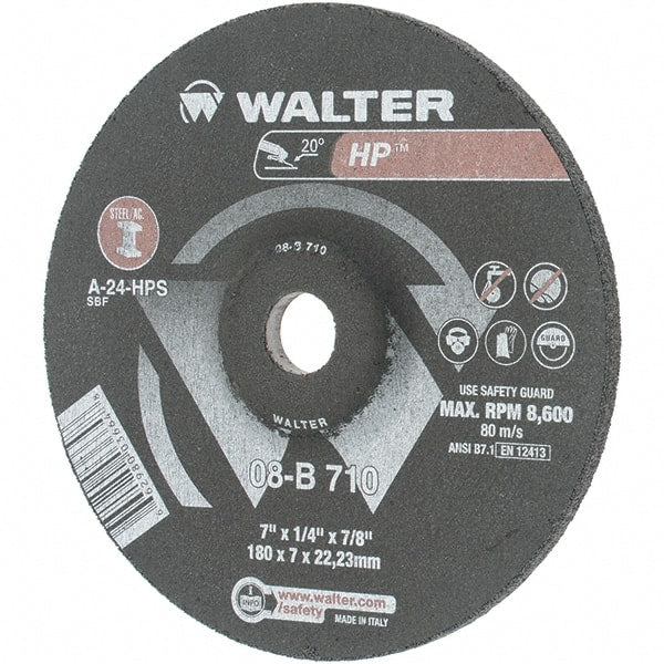 Value Collection - 24 Grit, 7" Wheel Diam, 1/4" Wheel Thickness, 7/8" Arbor Hole, Type 27 Depressed Center Wheel - Aluminum Oxide, Resinoid Bond, 8,600 Max RPM - Exact Tooling