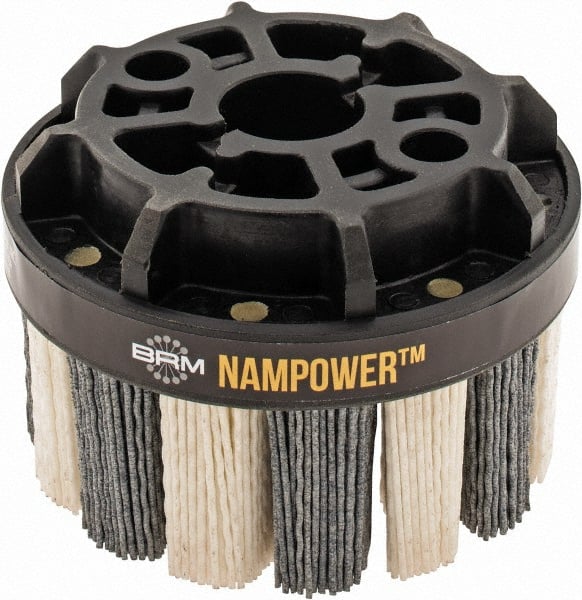 Brush Research Mfg. - 4" 120 Grit Ceramic/Silicon Carbide Tapered Disc Brush - Medium Grade, CNC Adapter Connector, 1.38" Trim Length, 7/8" Arbor Hole - Exact Tooling