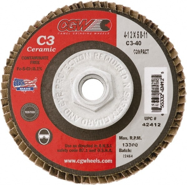 Camel Grinding Wheels - 40 Grit, 7" Disc Diam, 5/8-11 Center Hole, Type 29 Ceramic Flap Disc - 8,600 Max RPM, Polyester Backing, Arbor Attaching System, Coated - Exact Tooling