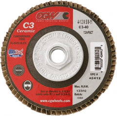 Camel Grinding Wheels - 60 Grit, 7" Disc Diam, 5/8-11 Center Hole, Type 29 Ceramic Flap Disc - 8,600 Max RPM, Polyester Backing, Arbor Attaching System, Coated - Exact Tooling