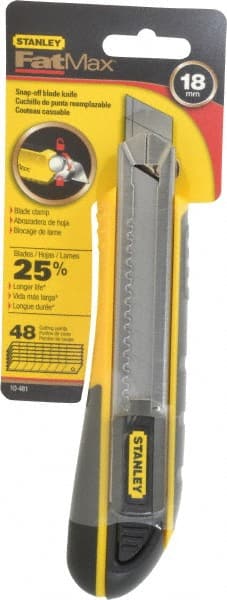 Stanley - Snap Utility Knife - 4-3/8" Blade, Yellow, Silver & Black TPE Handle, 6 Blades Included - Exact Tooling